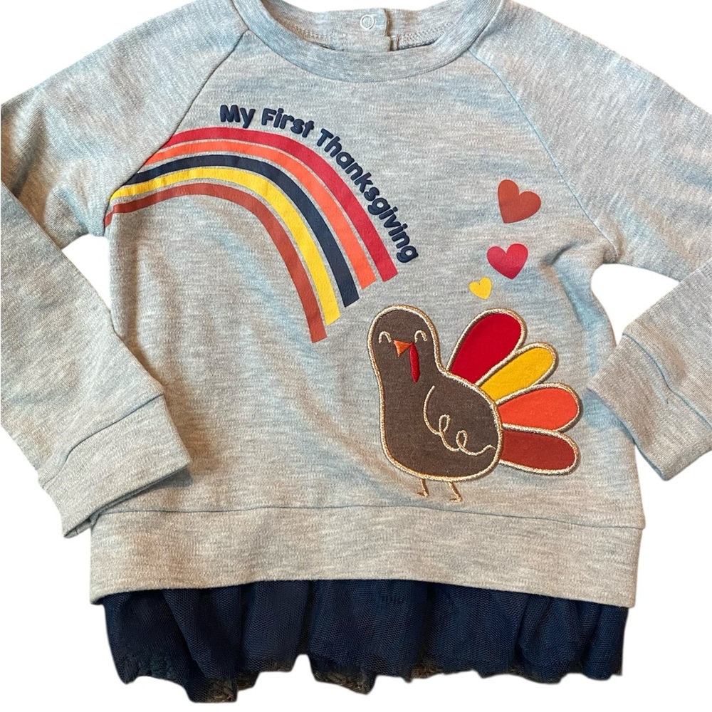 Gray Thanksgiving Kids Shirt with Rainbow and Turkey Design